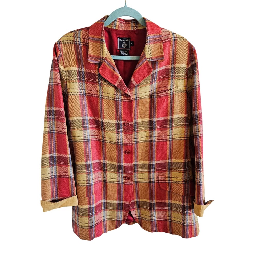 Faconnable Albert Goldberg Womens Red Plaid 100% Linen Blazer Jacket Large